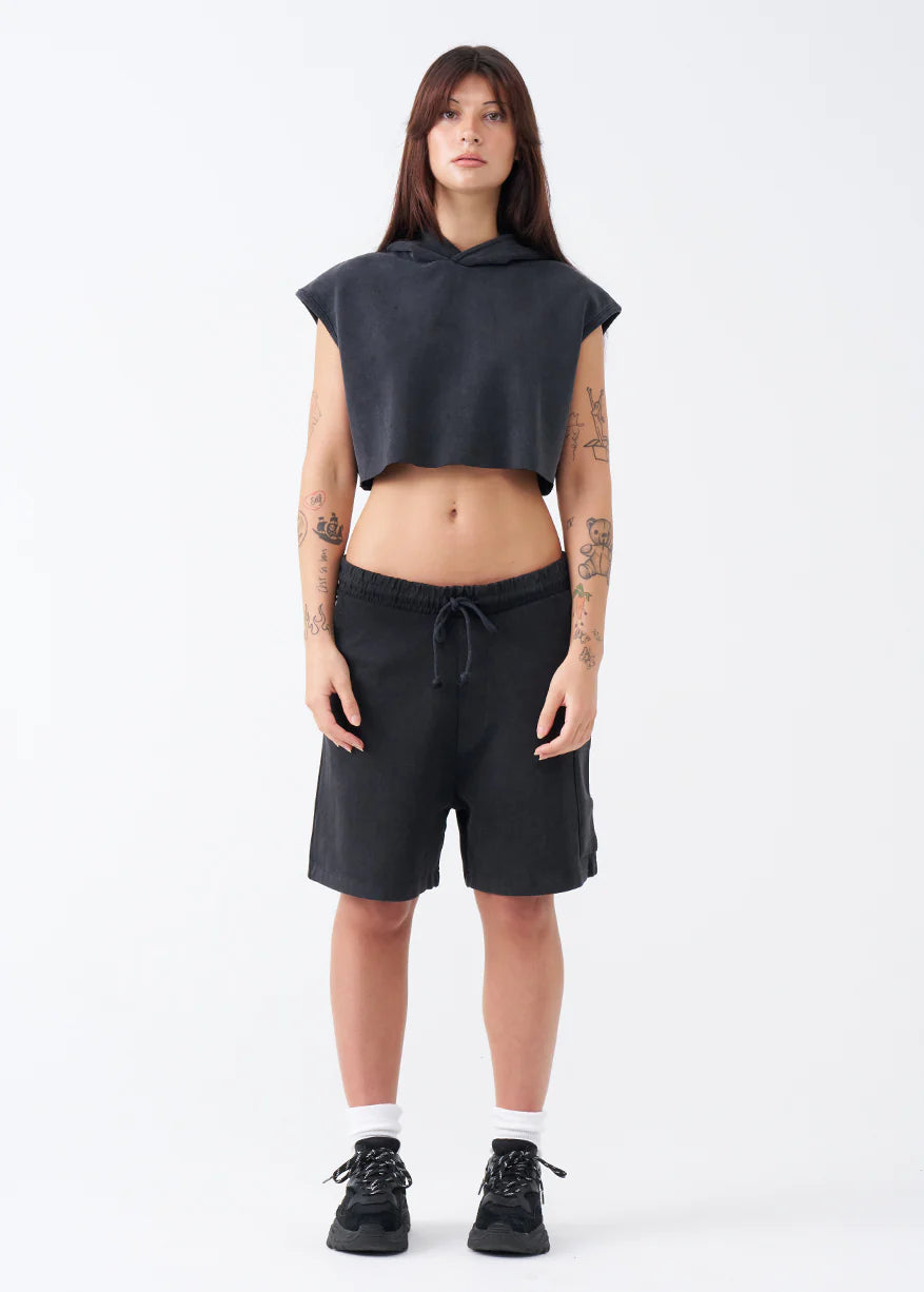 14 OZ Sleeveless Garment Dye Interlock Hooded Crop Top Short Set