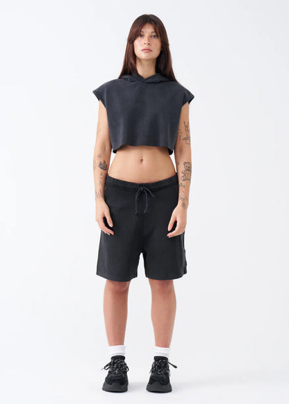 14 OZ Sleeveless Garment Dye Interlock Hooded Crop Top Short Set