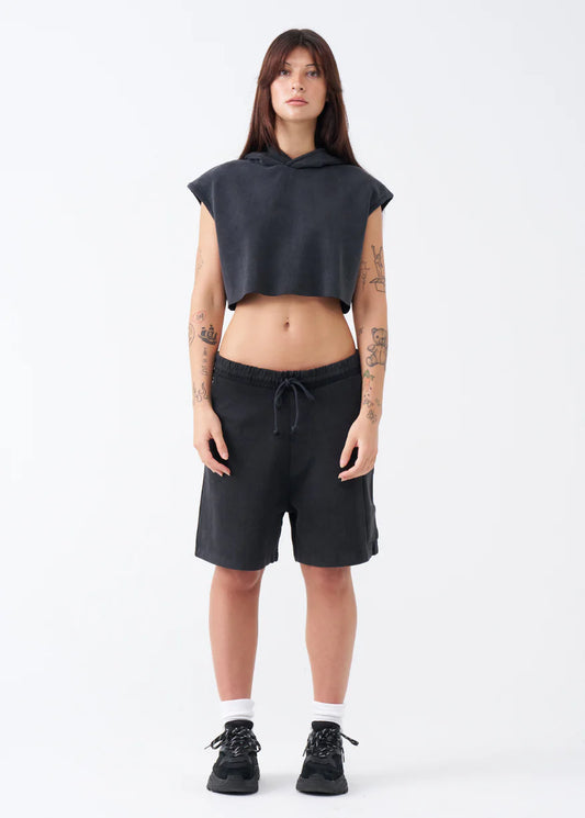 14 OZ Sleeveless Garment Dye Interlock Hooded Crop Top Short Set