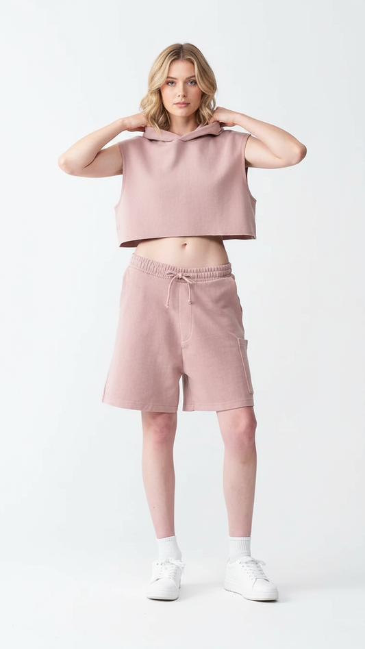 14 OZ Sleeveless Garment Dye Interlock Hooded Crop Top Short Set