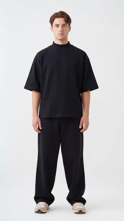 7.5 OZ Peached French Terry Mock Neck Oversized Boxy Tee and Oversized Open Leg Sweatpants