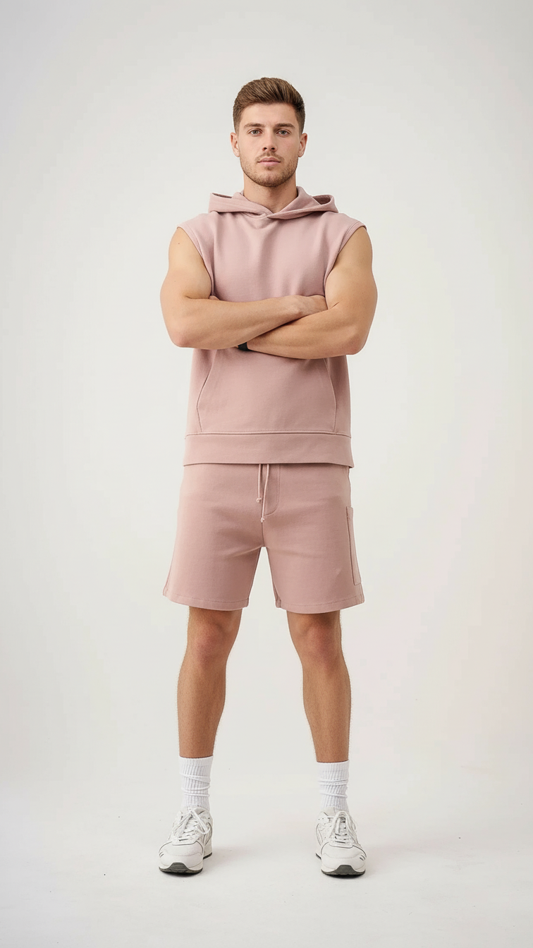 14 OZ Sleeveless Garment Dye Interlock Hooded Short Set