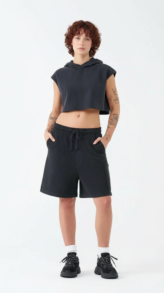 14 OZ Sleeveless Garment Dye Interlock Hooded Crop Top Short Set