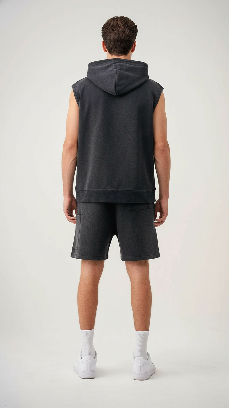 14 OZ Sleeveless Garment Dye Interlock Hooded Short Set