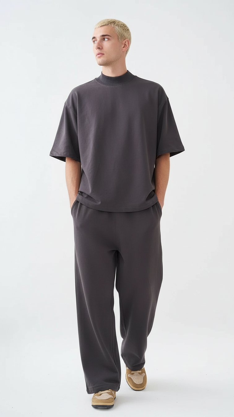 7.5 OZ Peached French Terry Mock Neck Oversized Boxy Tee and Oversized Open Leg Sweatpants