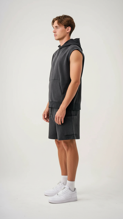 14 OZ Sleeveless Garment Dye Interlock Hooded Short Set