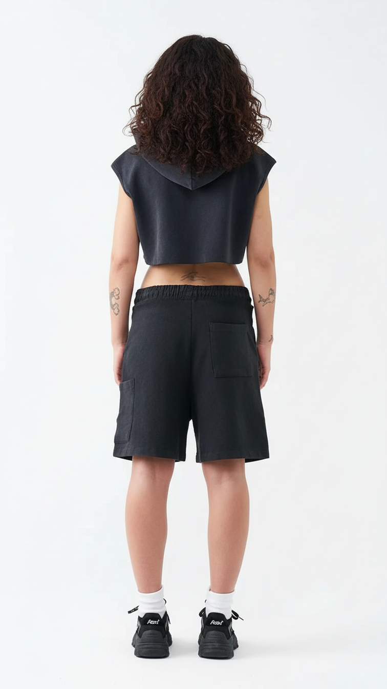 14 OZ Sleeveless Garment Dye Interlock Hooded Crop Top Short Set