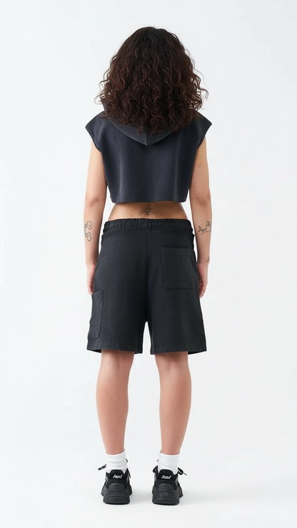 14 OZ Sleeveless Garment Dye Interlock Hooded Crop Top Short Set