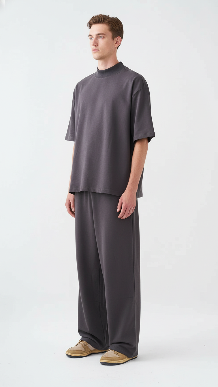 7.5 OZ Peached French Terry Mock Neck Oversized Boxy Tee and Oversized Open Leg Sweatpants