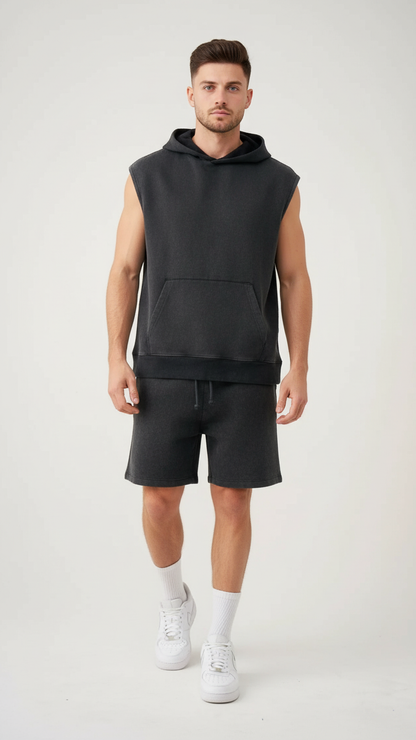 14 OZ Sleeveless Garment Dye Interlock Hooded Short Set