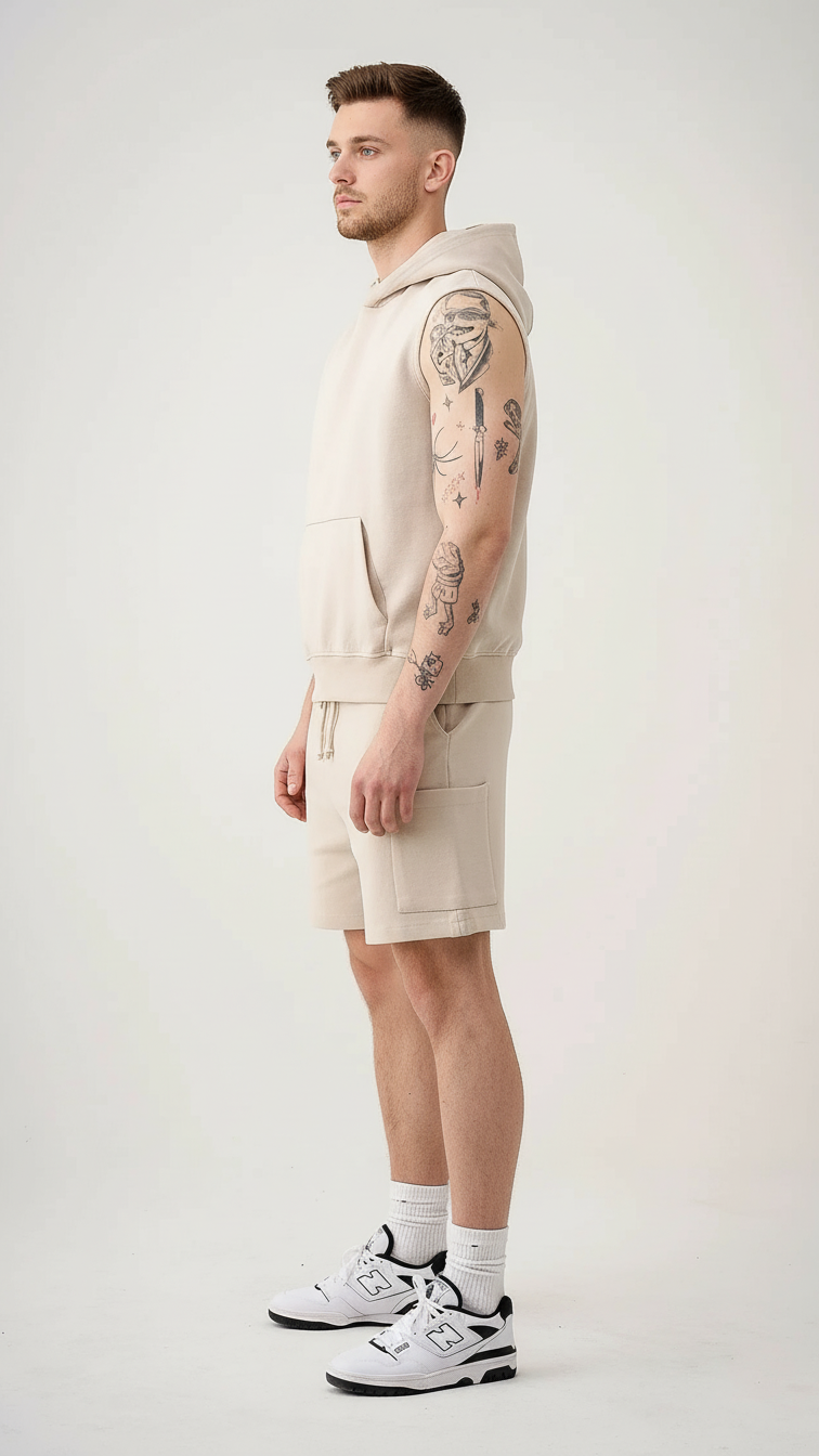 14 OZ Sleeveless Garment Dye Interlock Hooded Short Set