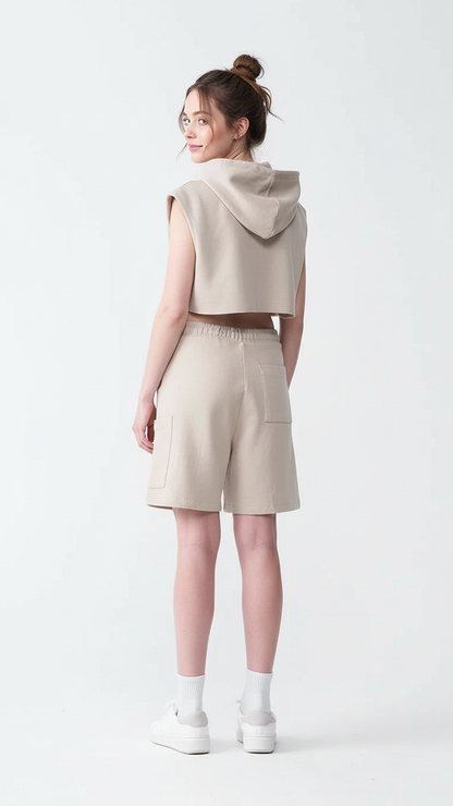 14 OZ Sleeveless Garment Dye Interlock Hooded Crop Top Short Set