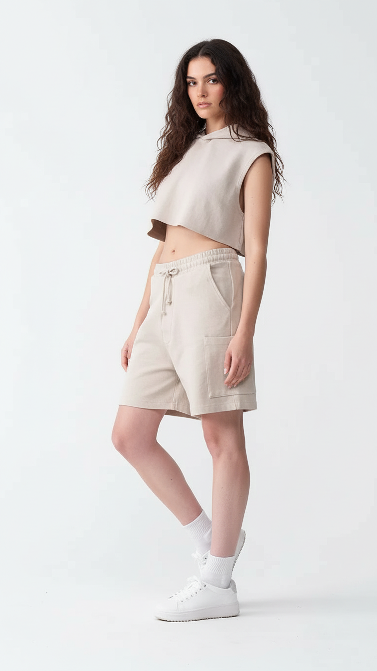 14 OZ Sleeveless Garment Dye Interlock Hooded Crop Top Short Set