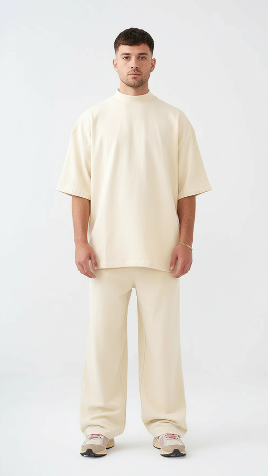 7.5 OZ Peached French Terry Mock Neck Oversized Boxy Tee and Oversized Open Leg Sweatpants