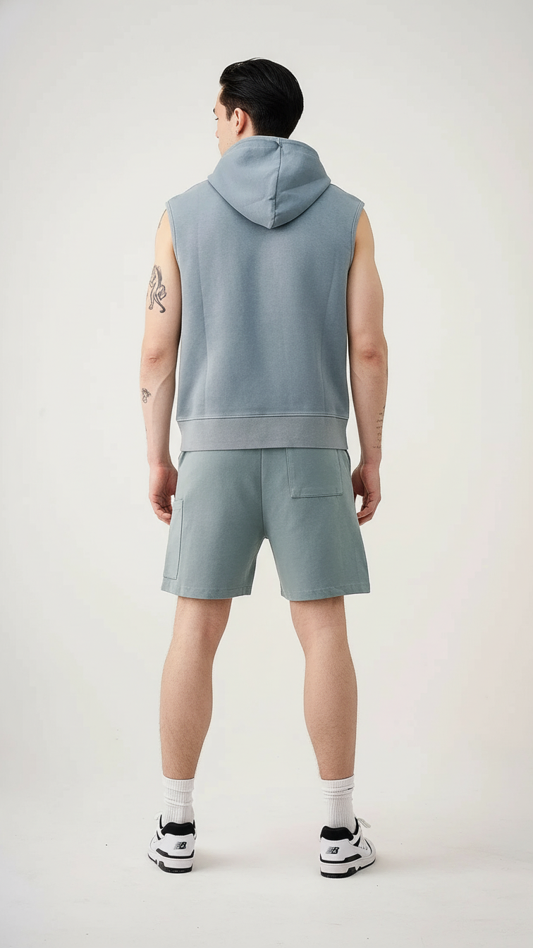 14 OZ Sleeveless Garment Dye Interlock Hooded Short Set