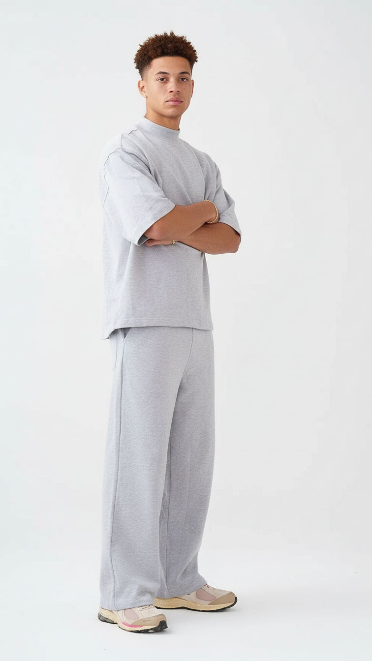 7.5 OZ Peached French Terry Mock Neck Oversized Boxy Tee and Oversized Open Leg Sweatpants