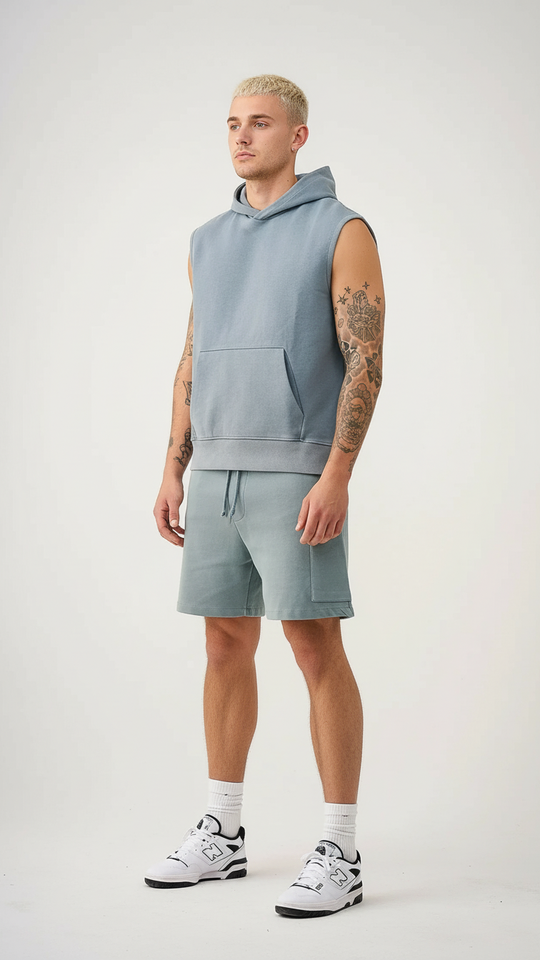 14 OZ Sleeveless Garment Dye Interlock Hooded Short Set