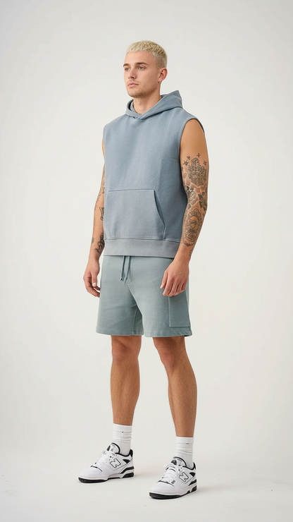 14 OZ Sleeveless Garment Dye Interlock Hooded Short Set
