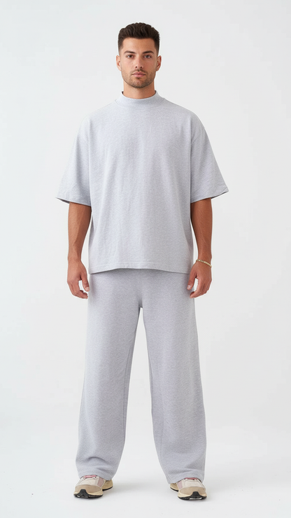 7.5 OZ Peached French Terry Mock Neck Oversized Boxy Tee and Oversized Open Leg Sweatpants