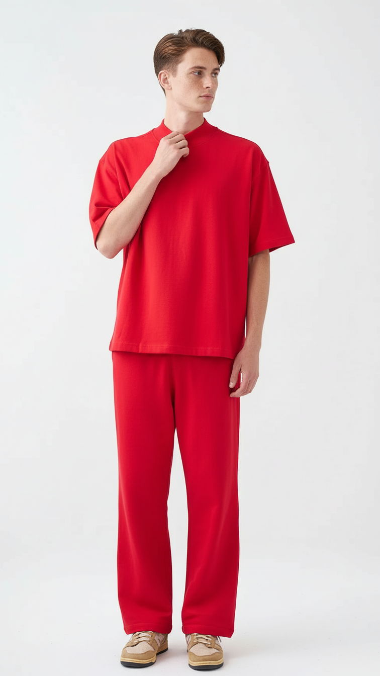 7.5 OZ Peached French Terry Mock Neck Oversized Boxy Tee and Oversized Open Leg Sweatpants