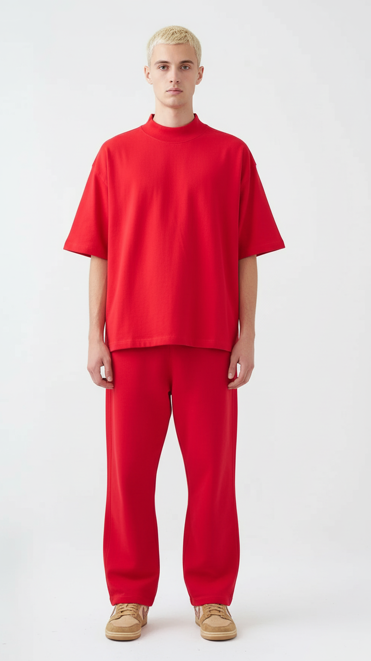7.5 OZ Peached French Terry Mock Neck Oversized Boxy Tee and Oversized Open Leg Sweatpants