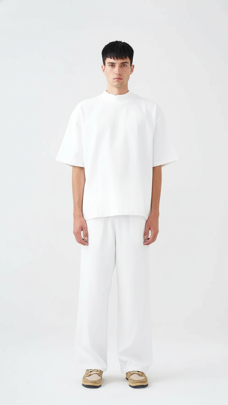 7.5 OZ Peached French Terry Mock Neck Oversized Boxy Tee and Oversized Open Leg Sweatpants