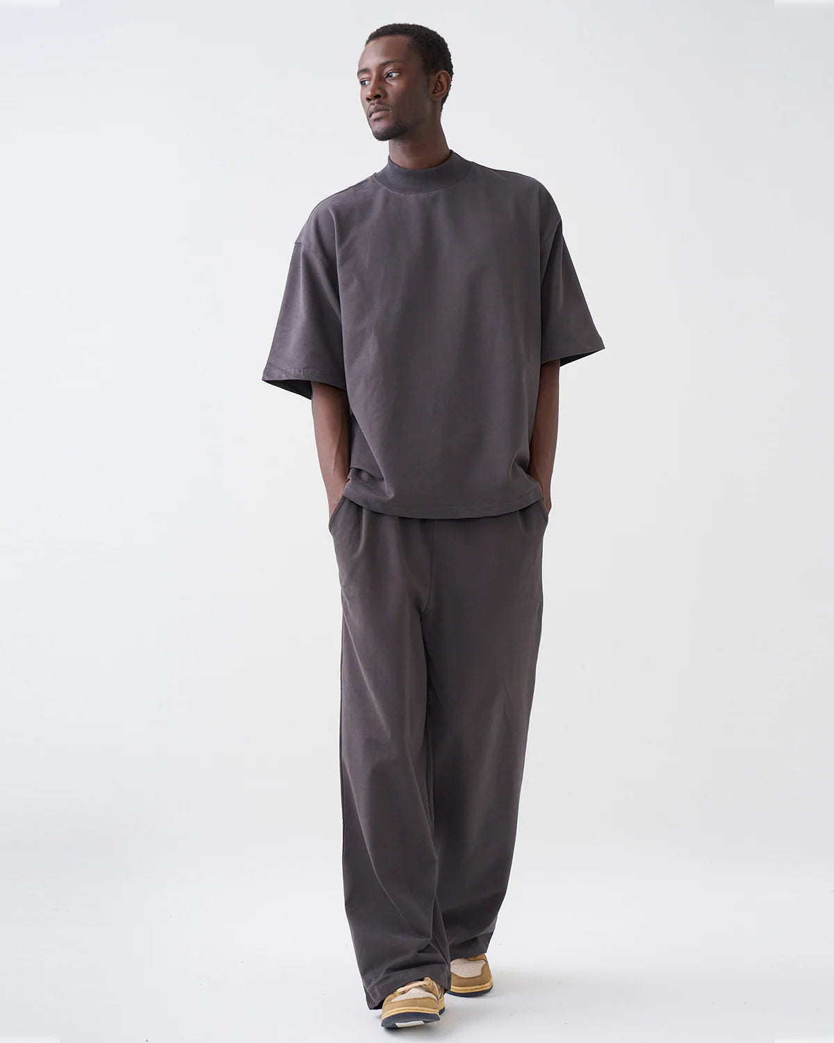 7.5 OZ Peached French Terry Mock Neck Oversized Boxy Tee and Oversized Open Leg Sweatpants