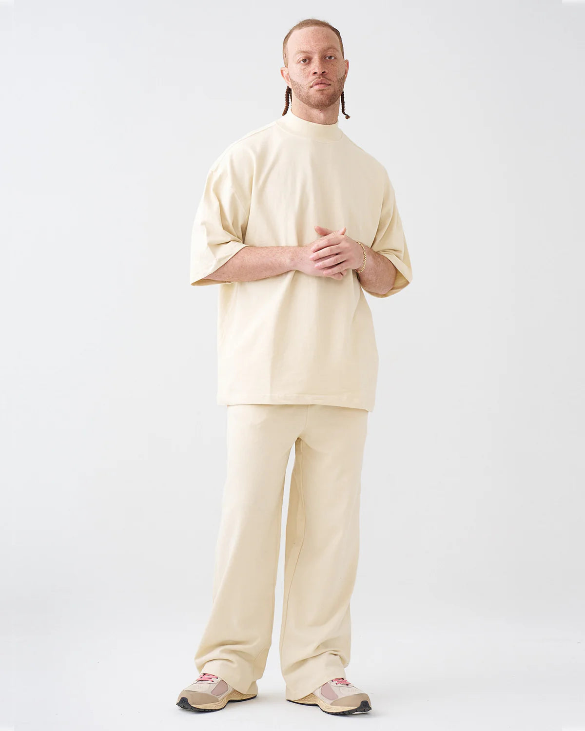 7.5 OZ Peached French Terry Mock Neck Oversized Boxy Tee and Oversized Open Leg Sweatpants